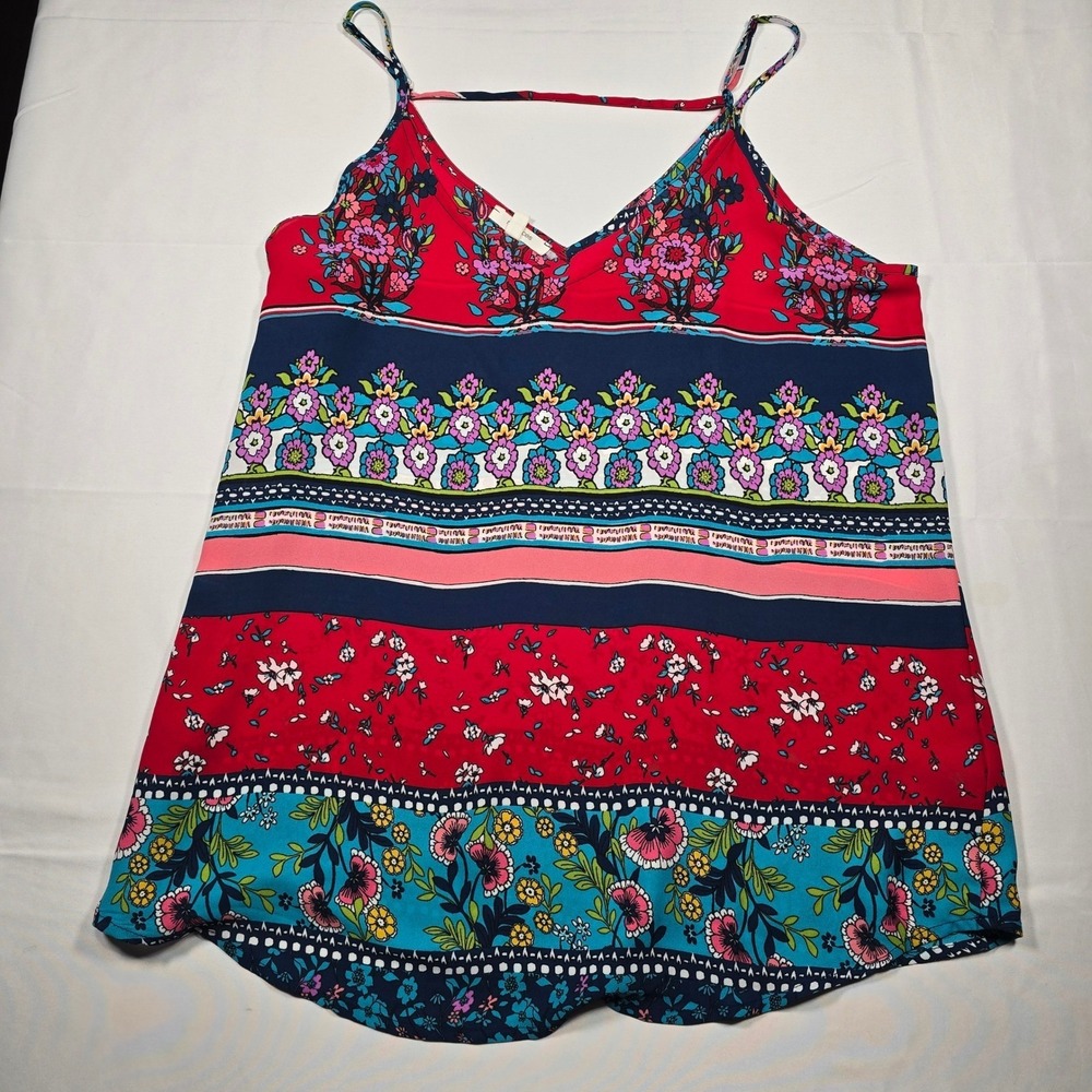 Boho hippie Maurices Womens Floral Cami Tank Top Red Blue V-Neck Small